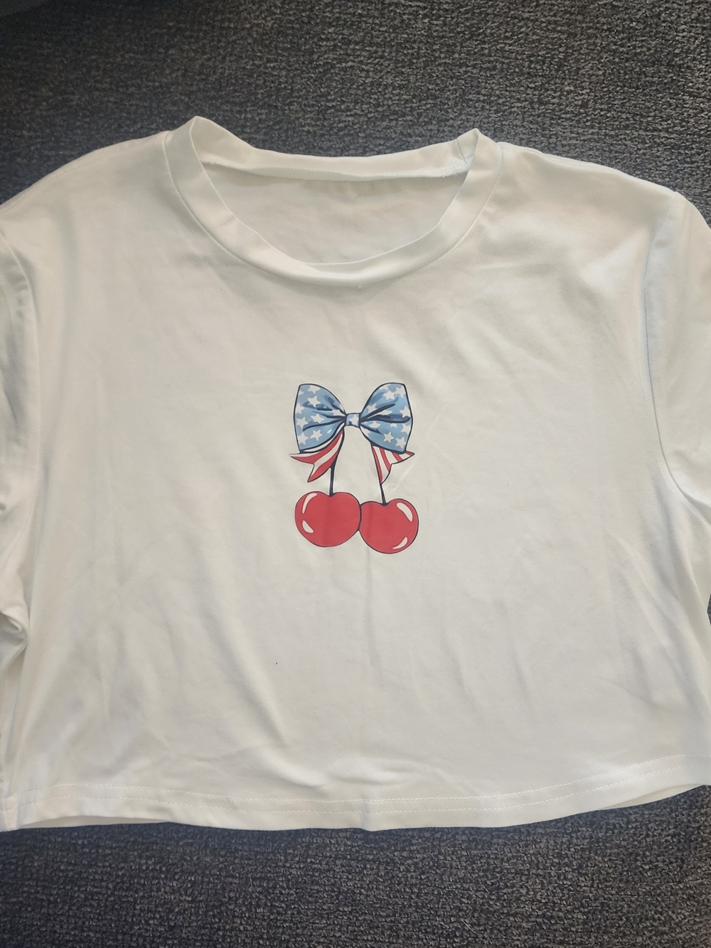 SHEIN White Crop Top with American Flag Bow and Red Cherry Graphic